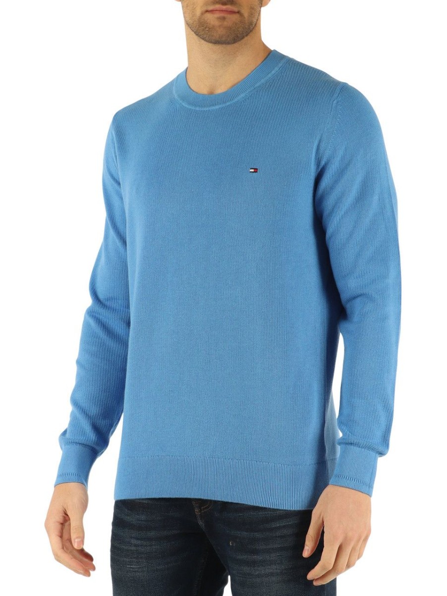 Uomo TOMMY HILFIGER | Maglia Girocollo In Cotone Con Ricamo Logo Azzurro