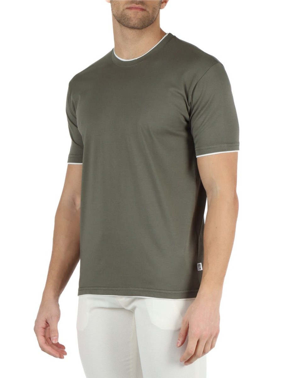 Uomo QB24 | T-Shirt In Cotone Gelso Con Dettagli A Contrasto Verde Militare