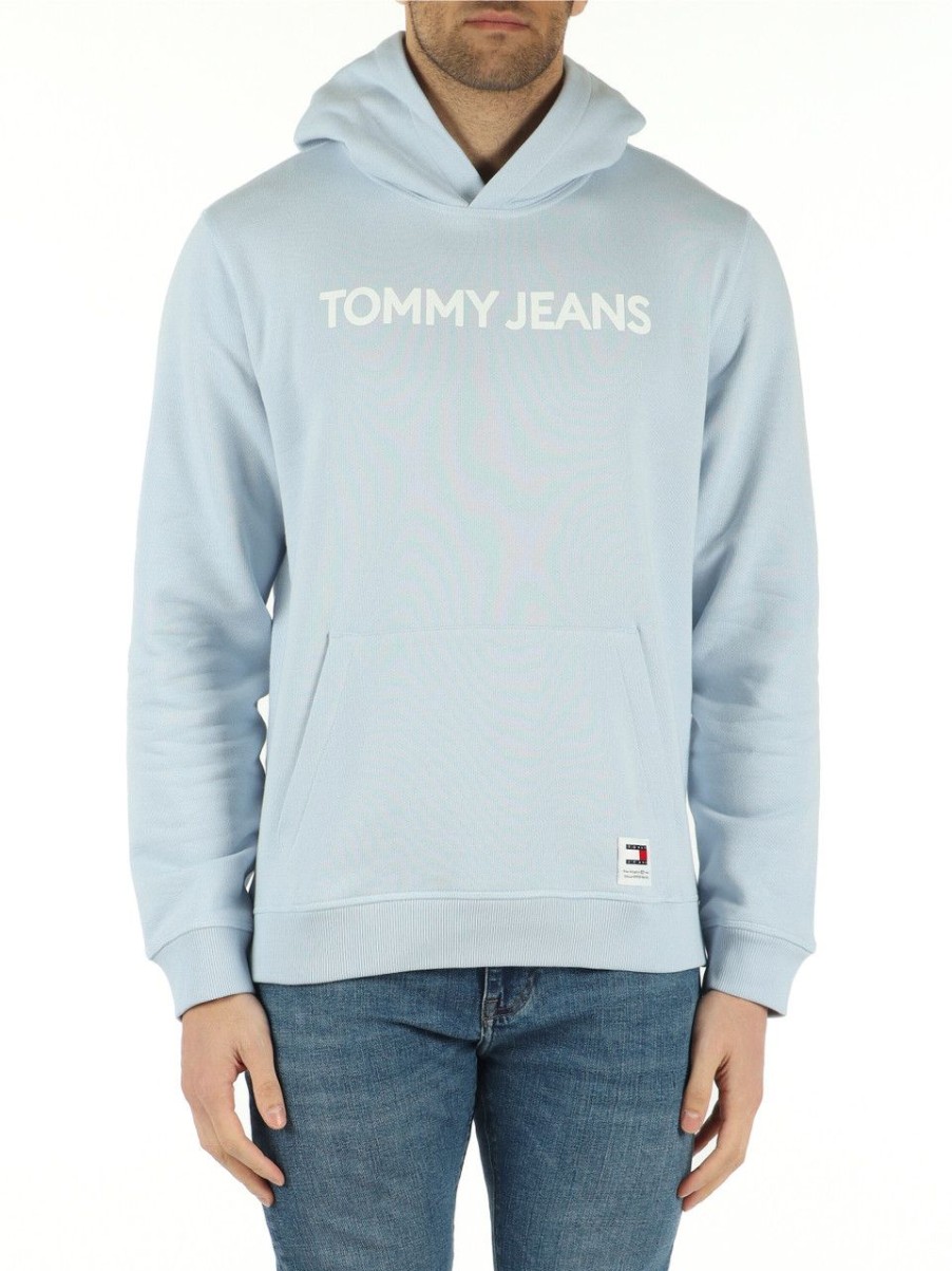 Uomo TOMMY JEANS | Felpa In Cotone Con Cappuccio E Scritta Logo Celeste