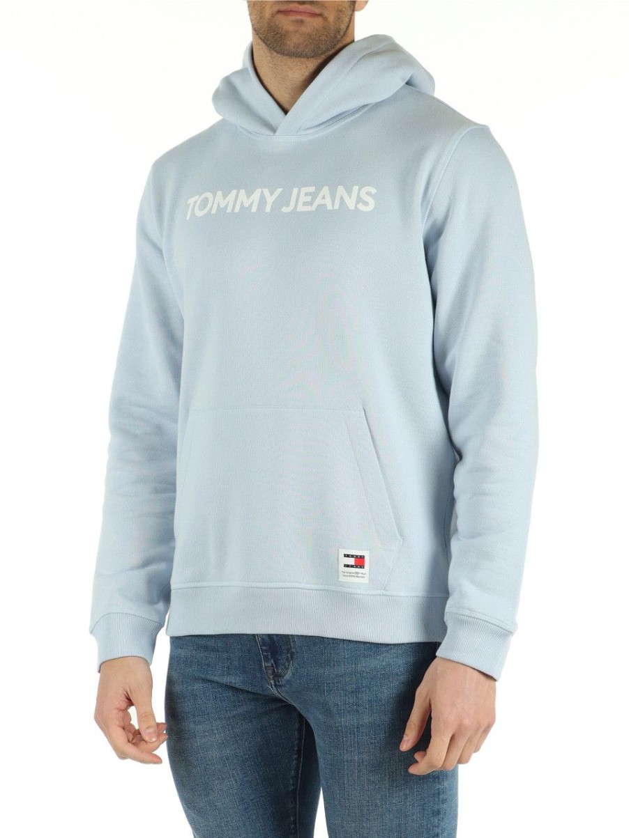 Uomo TOMMY JEANS | Felpa In Cotone Con Cappuccio E Scritta Logo Celeste