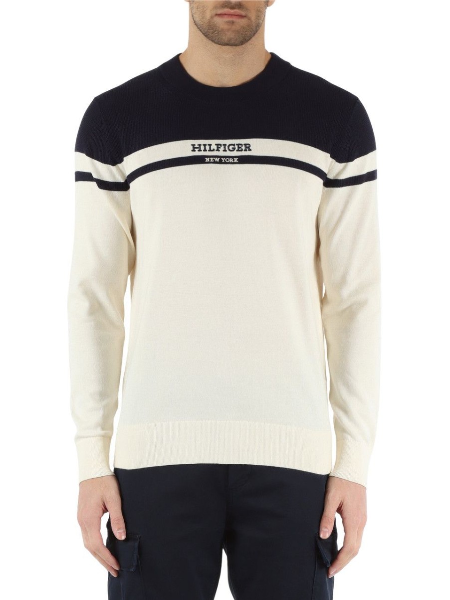 Uomo TOMMY HILFIGER | Maglia Girocollo In Cotone Con Ricamo Logo Panna