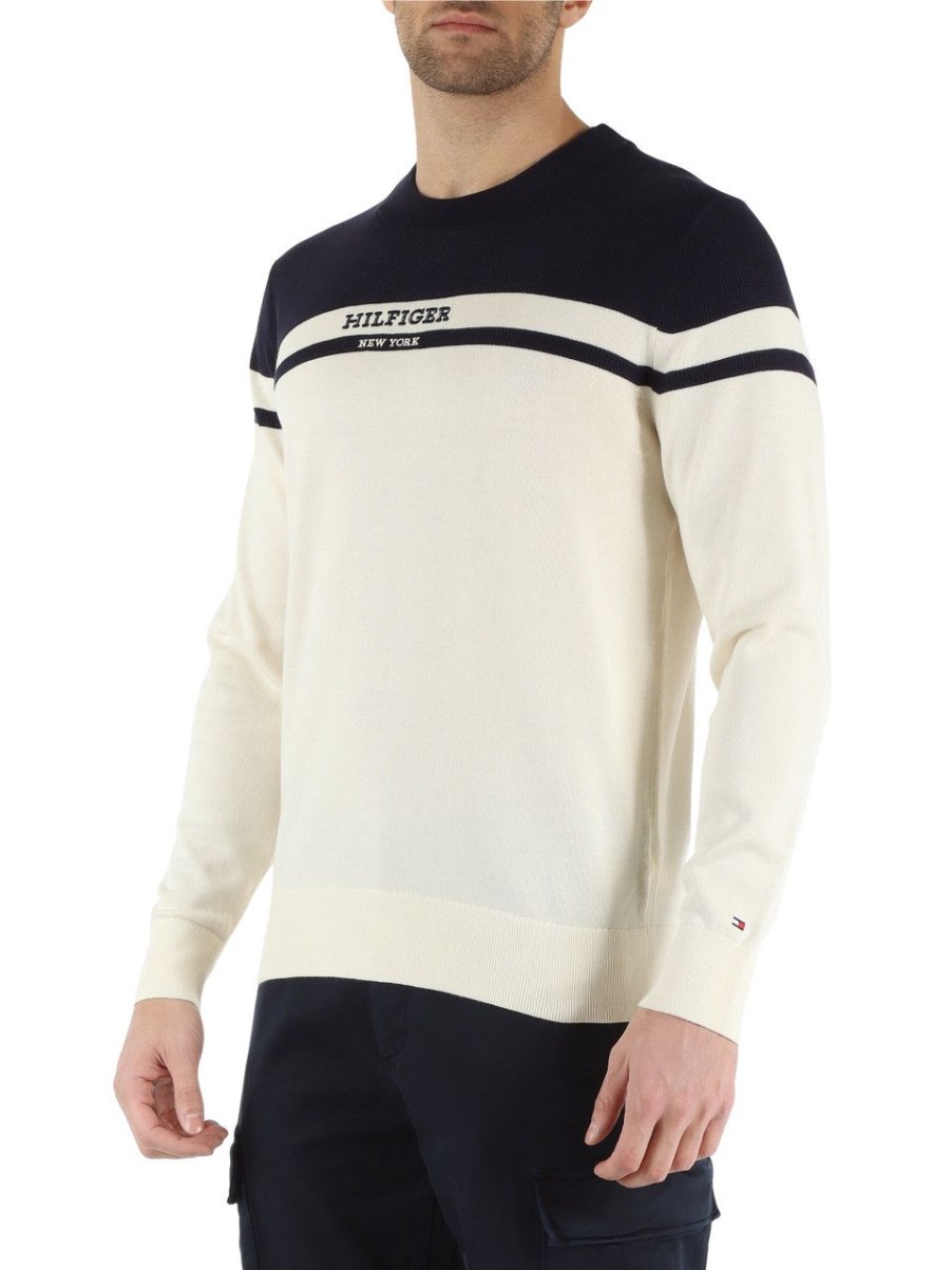 Uomo TOMMY HILFIGER | Maglia Girocollo In Cotone Con Ricamo Logo Panna