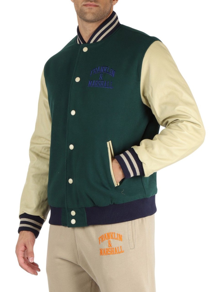 Uomo FRANKLIN & MARSHALL | Bomber In Misto Lana Con Maniche In Pelle Verde Scuro