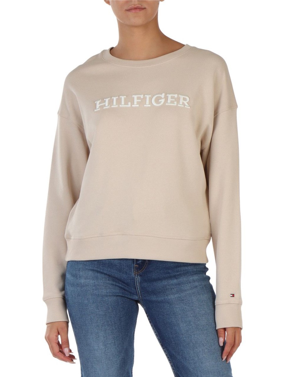 Donna TOMMY HILFIGER | Felpa In Cotone Garzato Con Ricamo Logo Frontale Beige