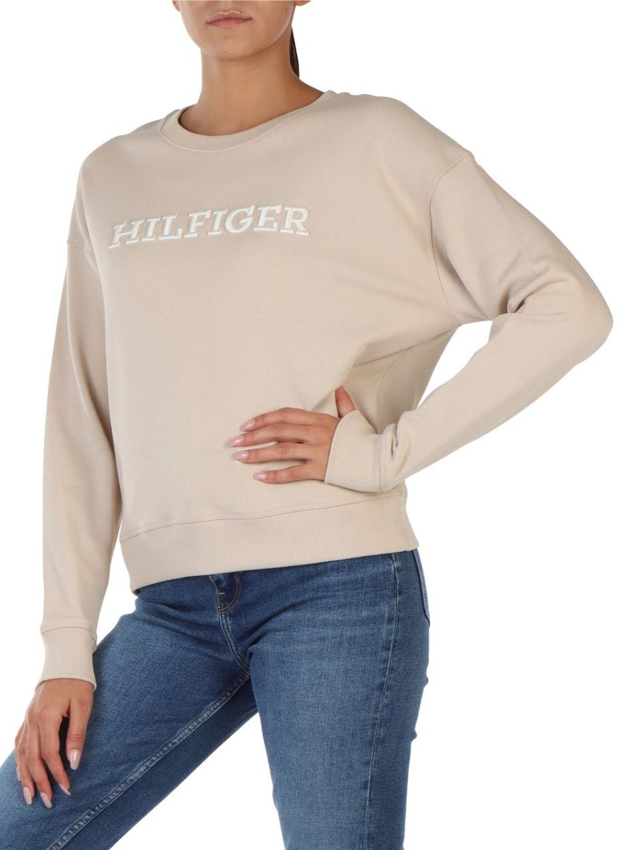 Donna TOMMY HILFIGER | Felpa In Cotone Garzato Con Ricamo Logo Frontale Beige