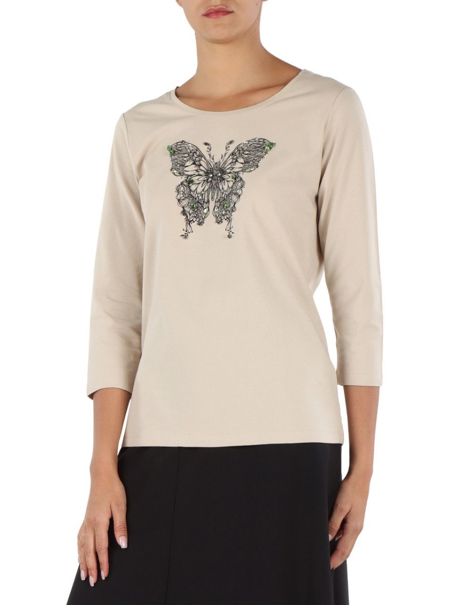 Donna ELENA MIRÒ | T-Shirt In Cotone Stretch Con Strass Beige