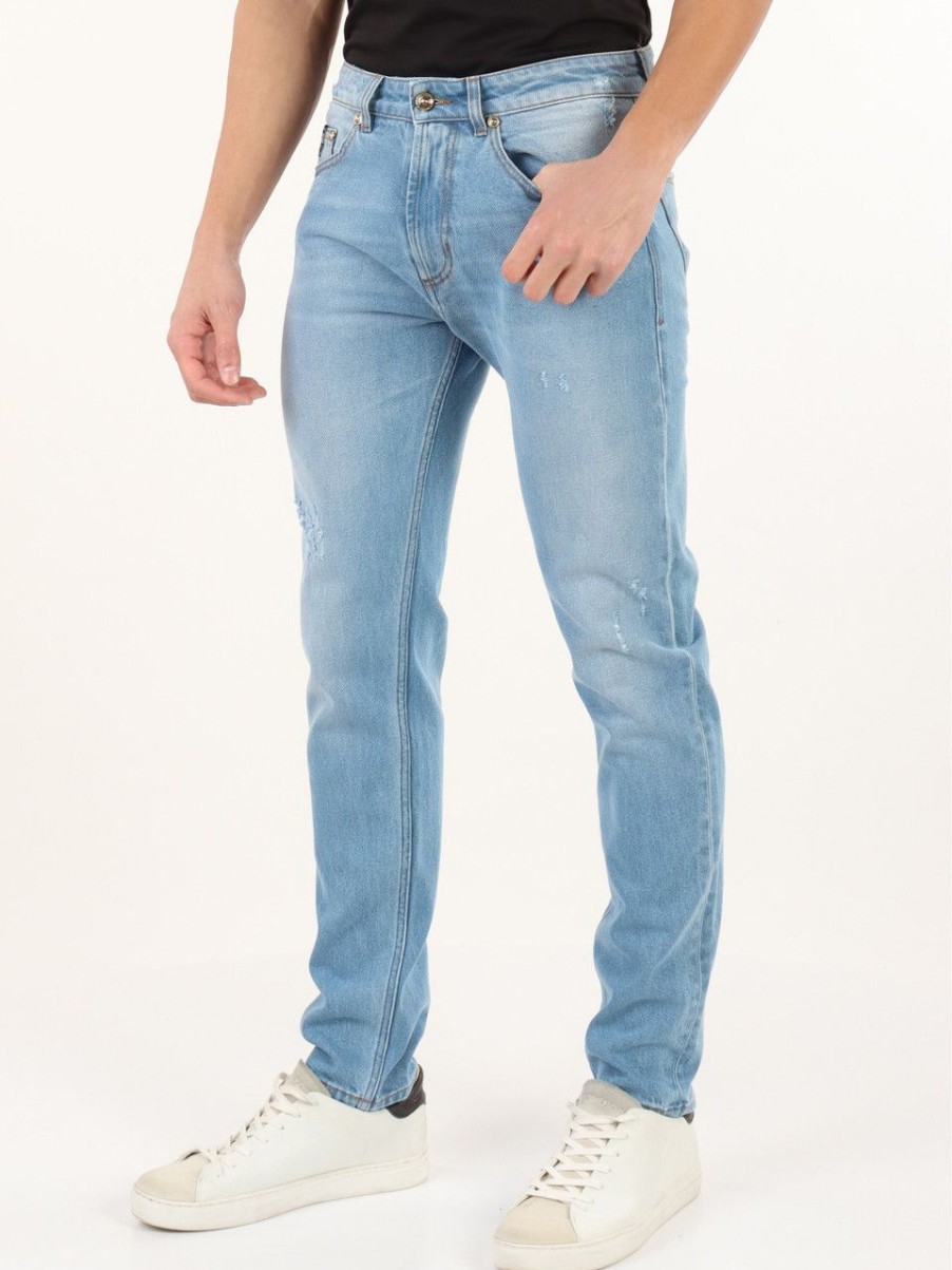 Uomo VERSACE JEANS COUTURE | Pantalone Jeans Cinque Tasche Con Ricamo Logo Posteriore Blu Chiaro