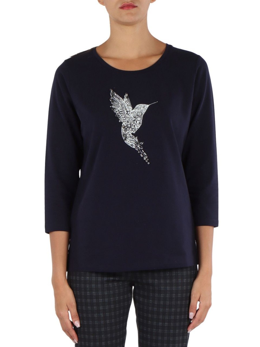 Donna ELENA MIRÒ | T-Shirt In Cotone Stretch Con Strass Blu Scuro