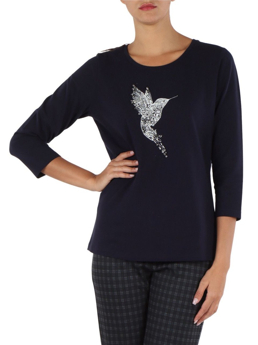 Donna ELENA MIRÒ | T-Shirt In Cotone Stretch Con Strass Blu Scuro