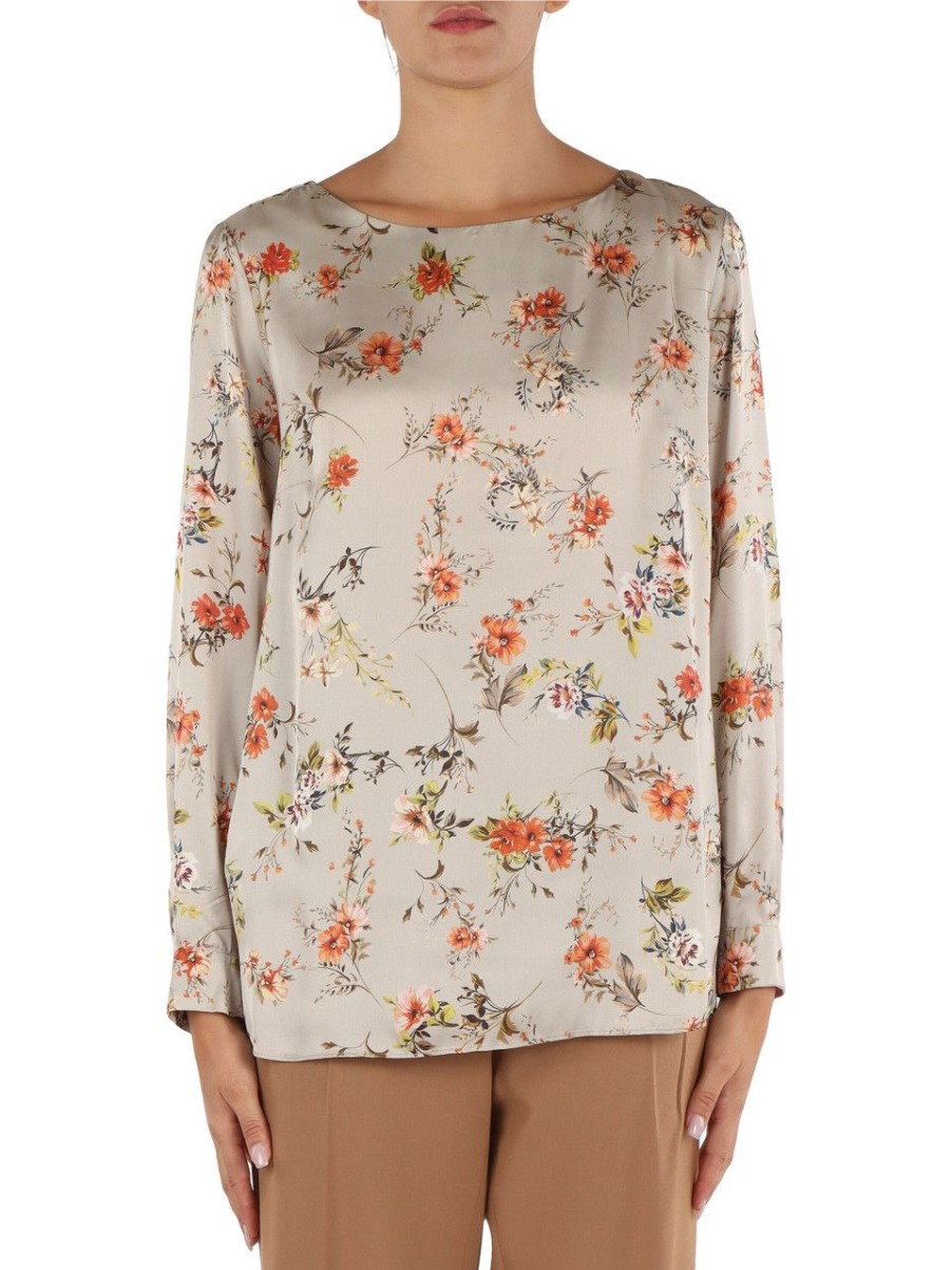 Donna ELENA MIRÒ | Blusa In Satin Con Motivo Decorativo All Over Beige