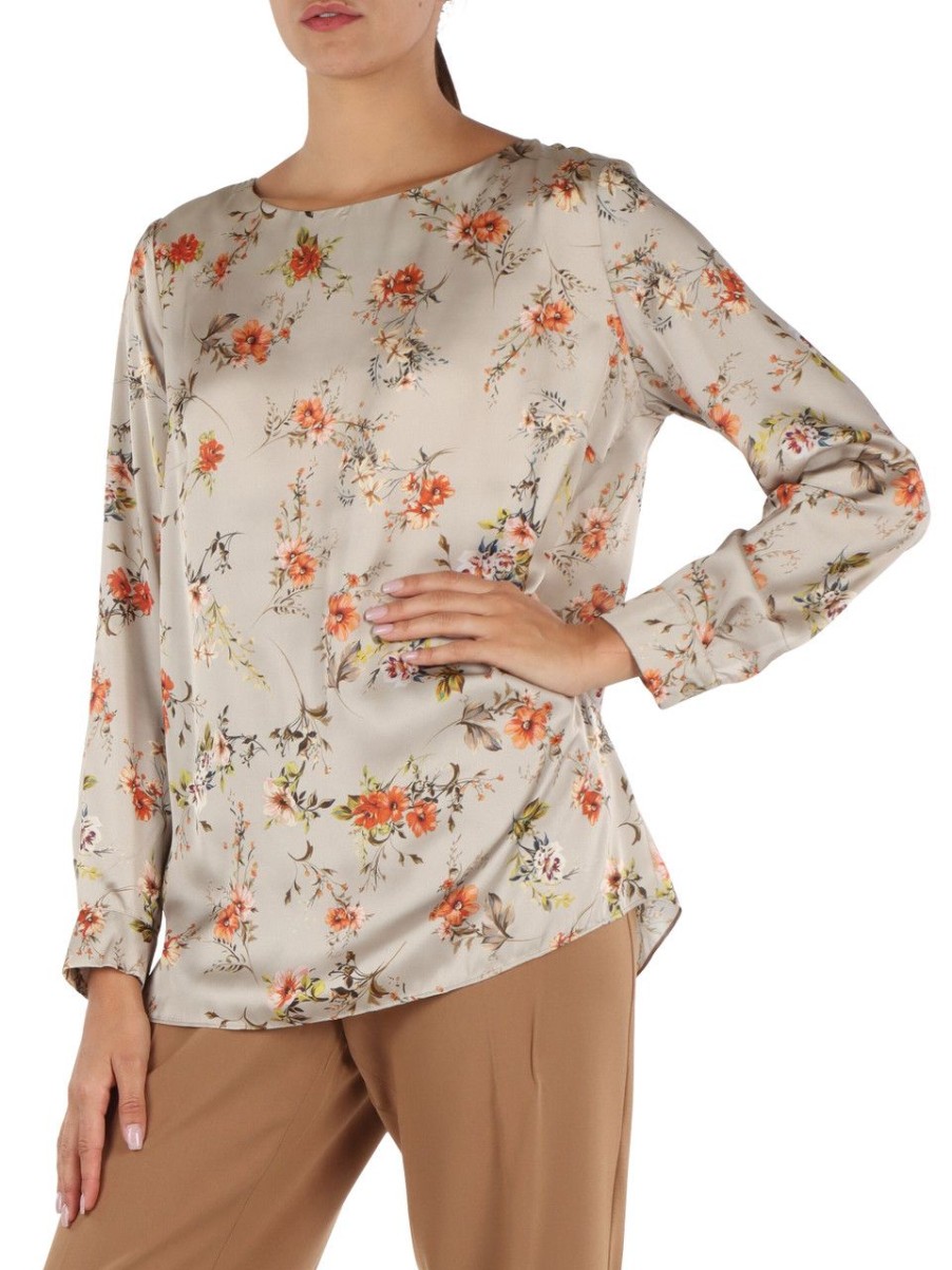 Donna ELENA MIRÒ | Blusa In Satin Con Motivo Decorativo All Over Beige