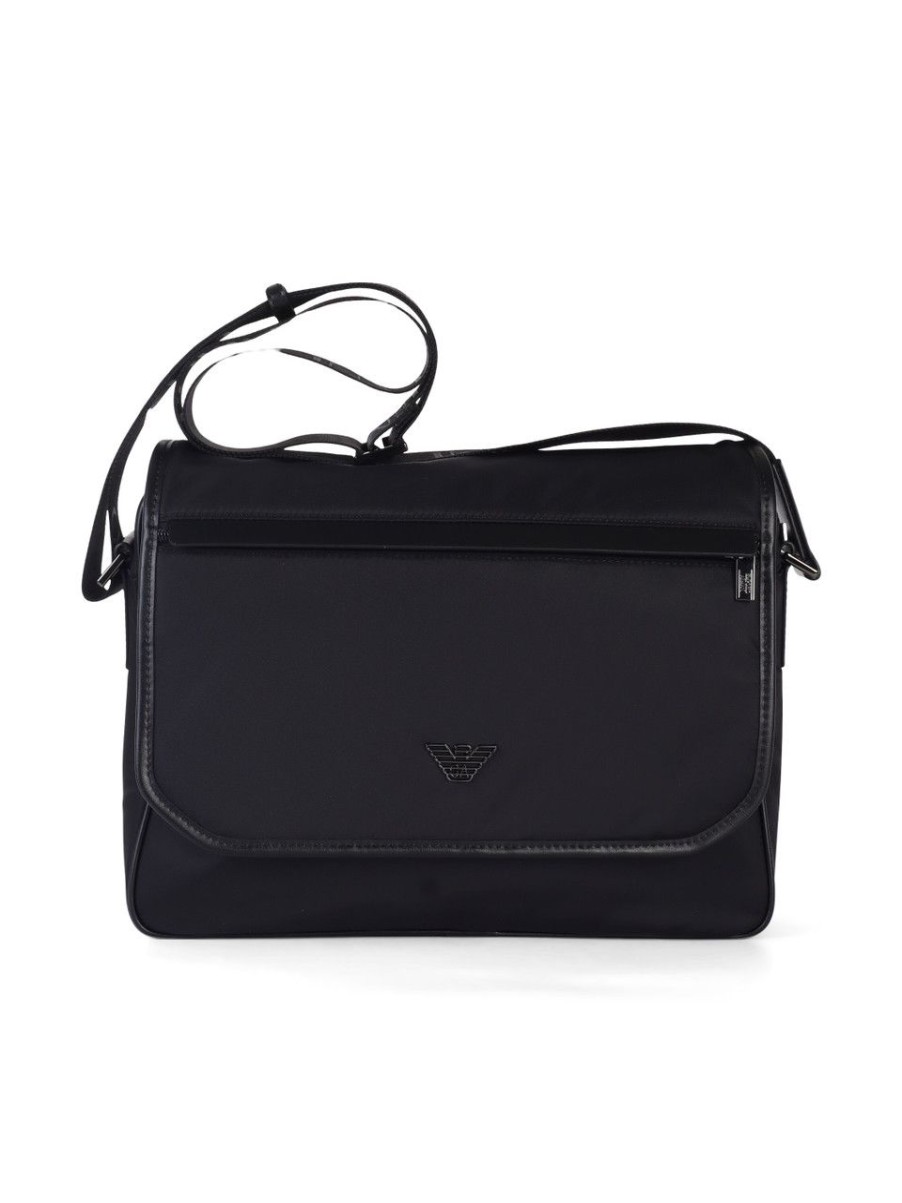 Uomo EMPORIO ARMANI | Borsa A Tracolla Messenger Con Placca Logo Frontale Nero