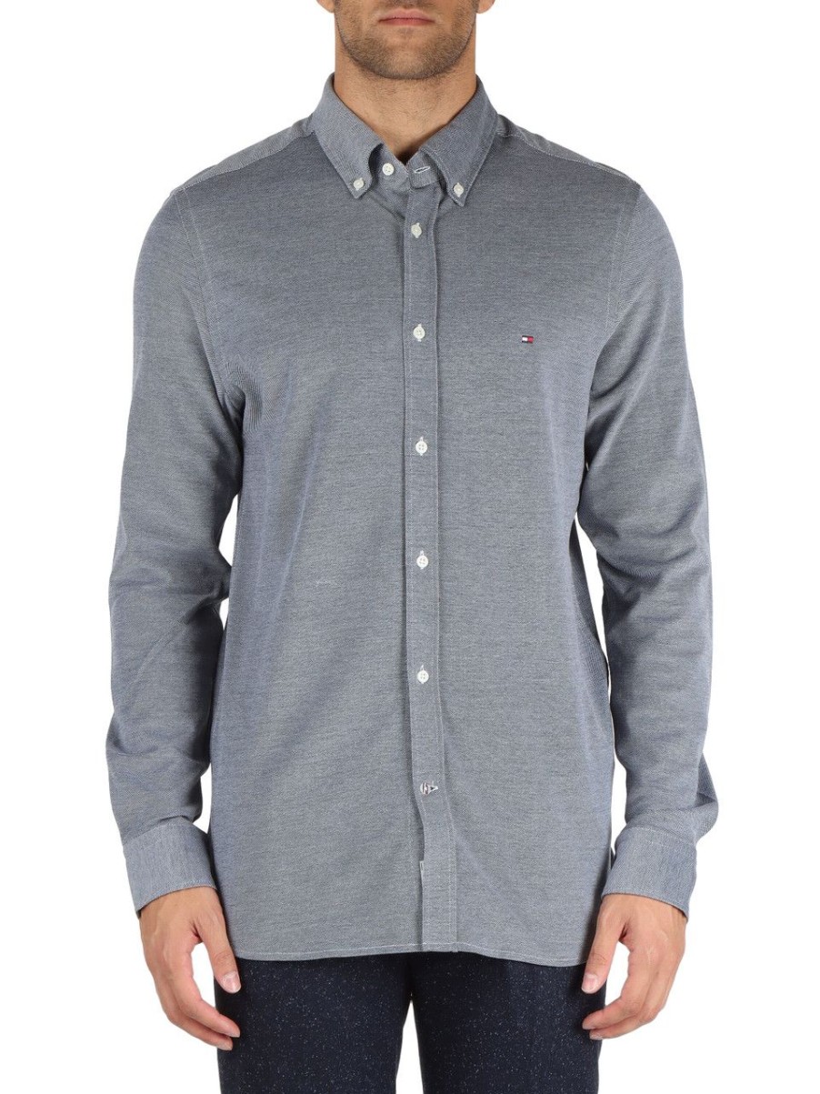 Uomo TOMMY HILFIGER | Camicia Slim Fit In Cotone Piquet Blu