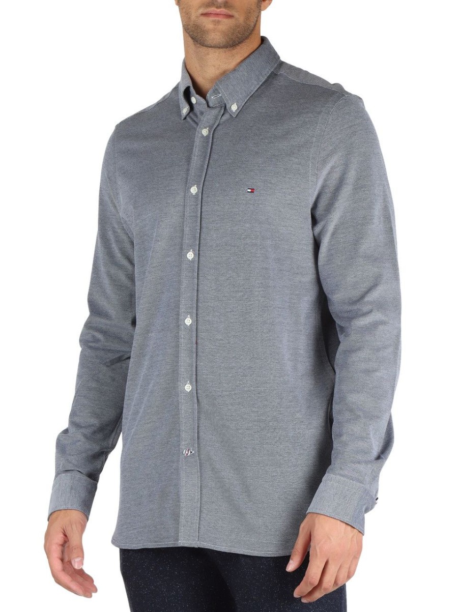 Uomo TOMMY HILFIGER | Camicia Slim Fit In Cotone Piquet Blu