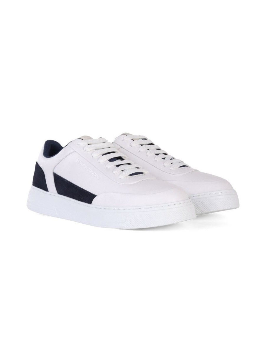 Uomo EMPORIO ARMANI | Sneakers In Pelle E Tessuto Con Scritta Logo Impressa Blu Scuro