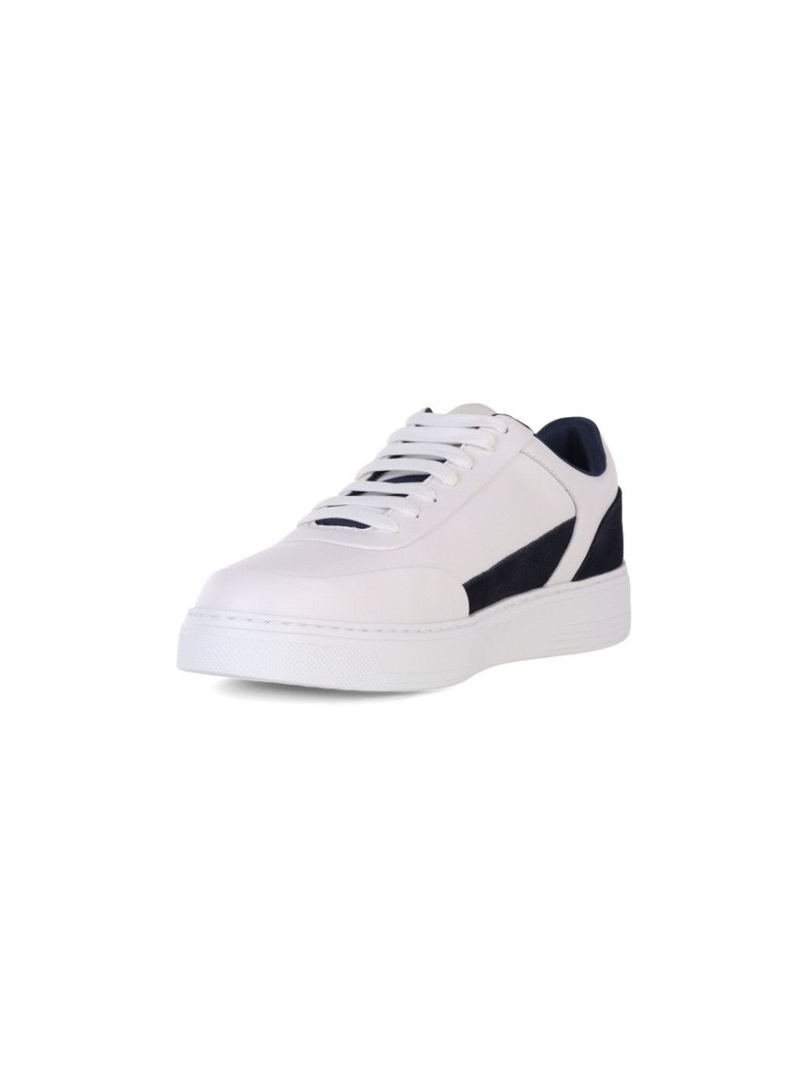 Uomo EMPORIO ARMANI | Sneakers In Pelle E Tessuto Con Scritta Logo Impressa Blu Scuro