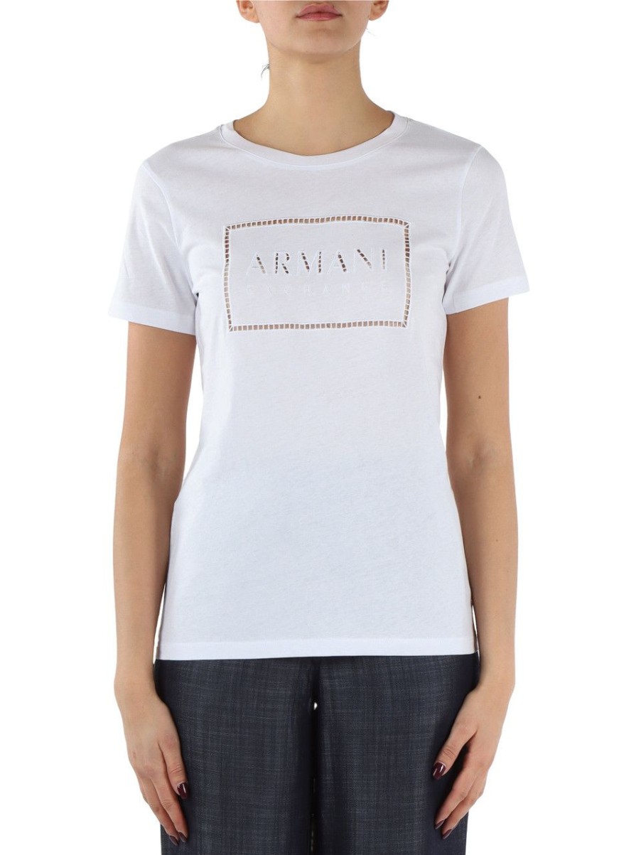 Donna ARMANI EXCHANGE | T-Shirt In Cotone Con Ricami A Giorno Bianco