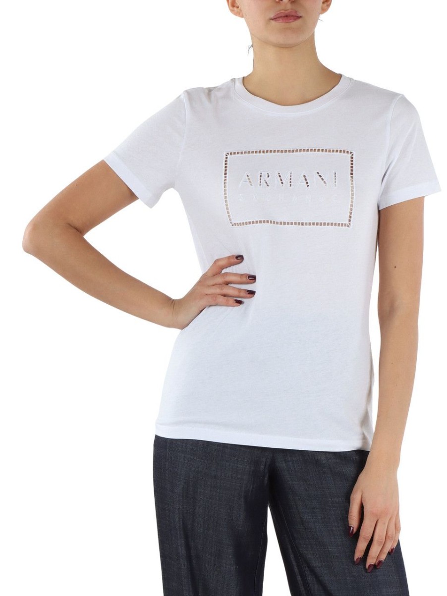 Donna ARMANI EXCHANGE | T-Shirt In Cotone Con Ricami A Giorno Bianco