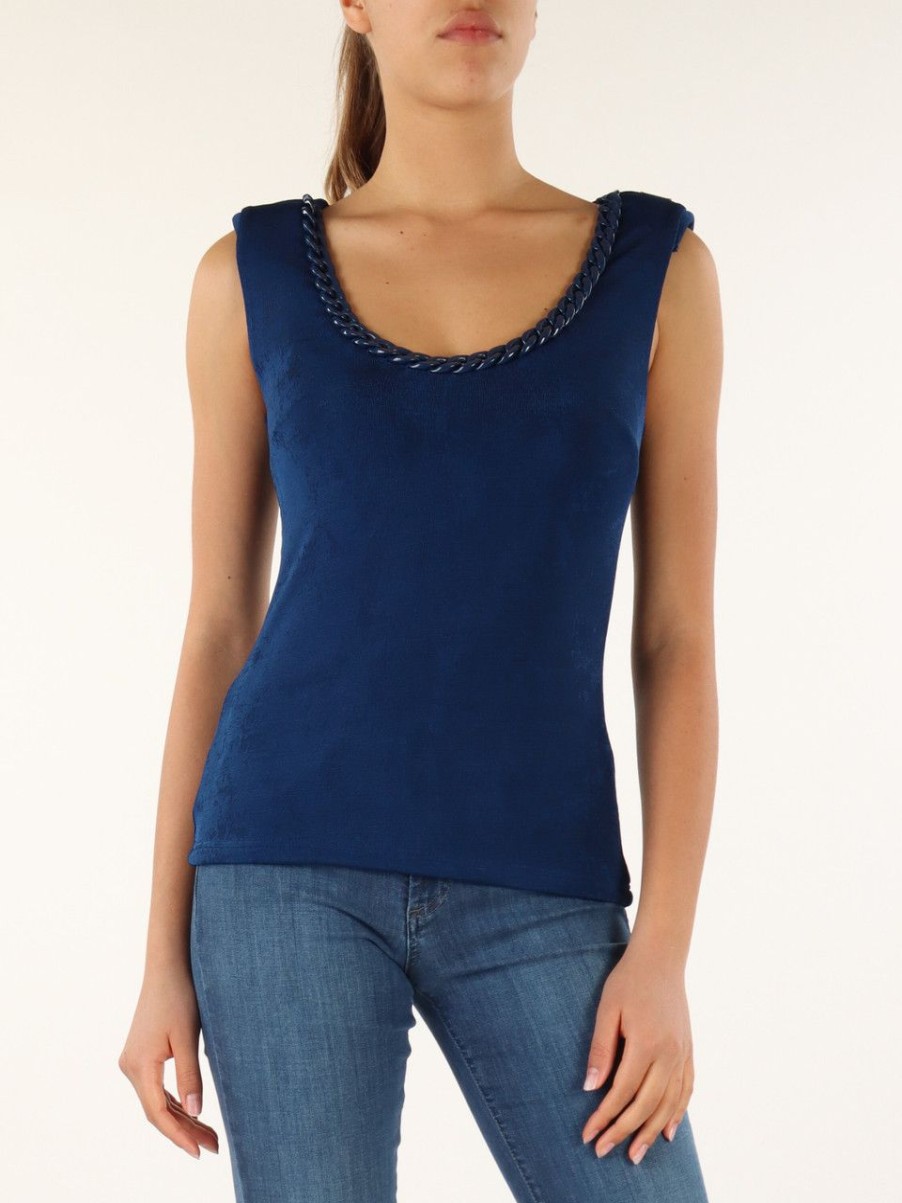 Donna MARCIANO GUESS | Top In Tessuto Stretch Con Catena Decorativa Blu