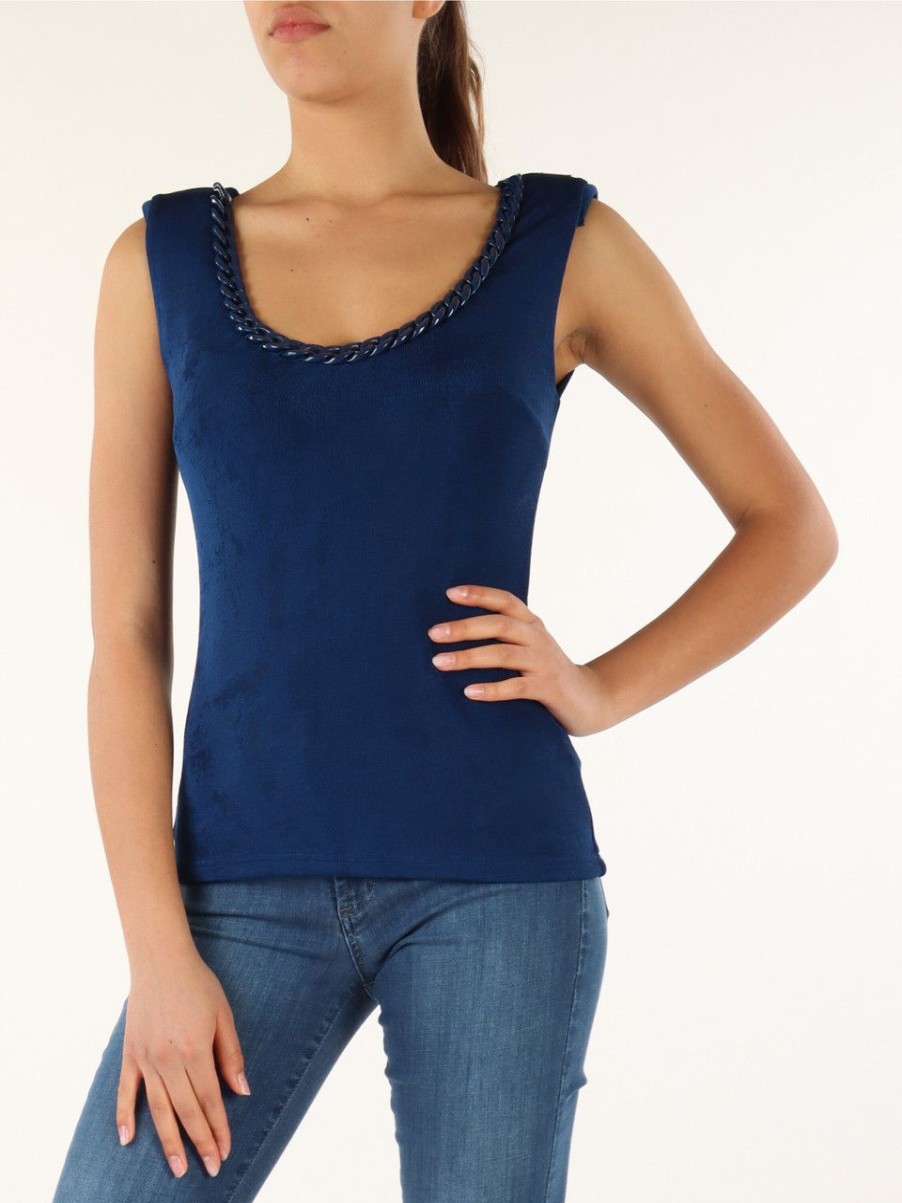 Donna MARCIANO GUESS | Top In Tessuto Stretch Con Catena Decorativa Blu