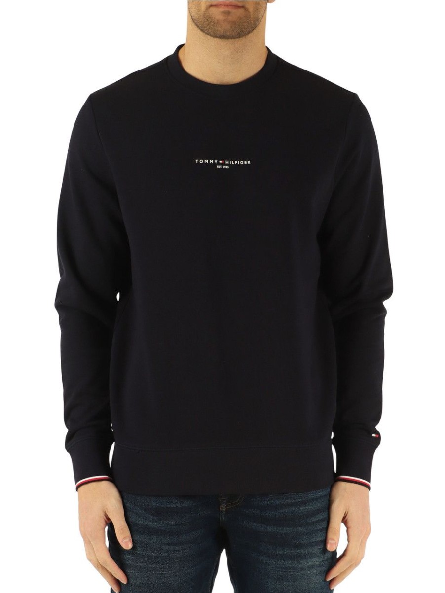 Uomo TOMMY HILFIGER | Felpa In Cotone Garzato Con Scritta Logo Blu Scuro