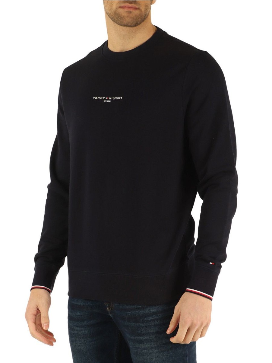 Uomo TOMMY HILFIGER | Felpa In Cotone Garzato Con Scritta Logo Blu Scuro