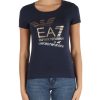 Donna EA7 | T-Shirt In Cotone Stretch Con Stampa Logo Frontale Blu Scuro