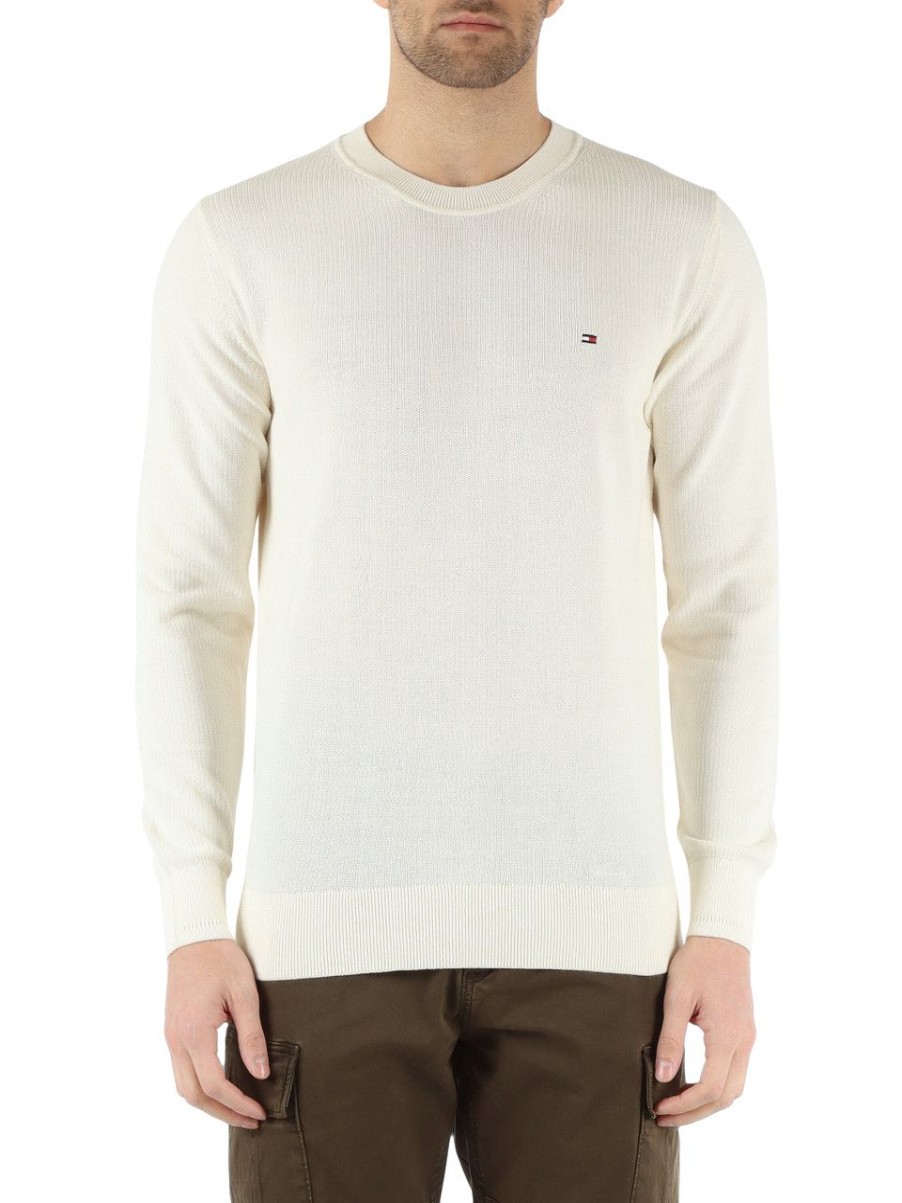 Uomo TOMMY HILFIGER | Maglia Girocollo In Cotone Con Ricamo Logo Panna