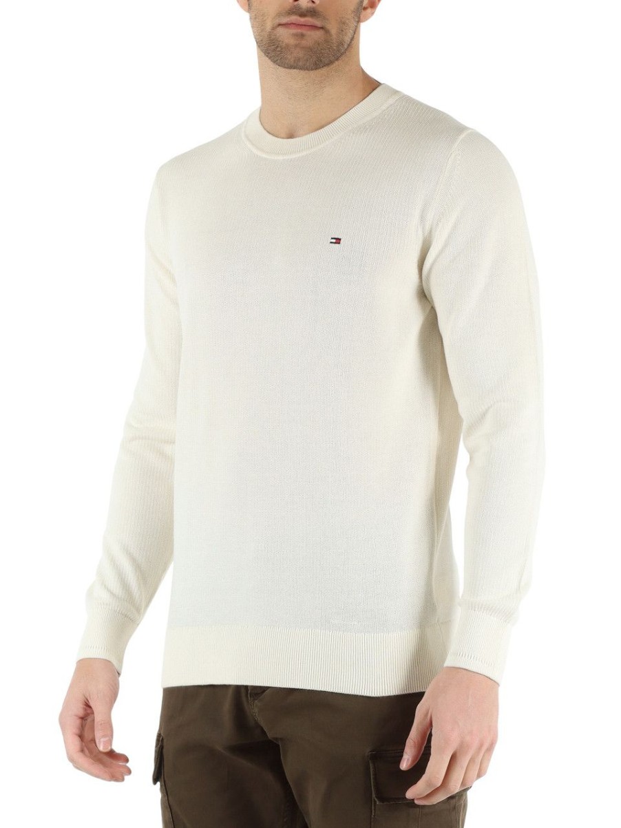 Uomo TOMMY HILFIGER | Maglia Girocollo In Cotone Con Ricamo Logo Panna