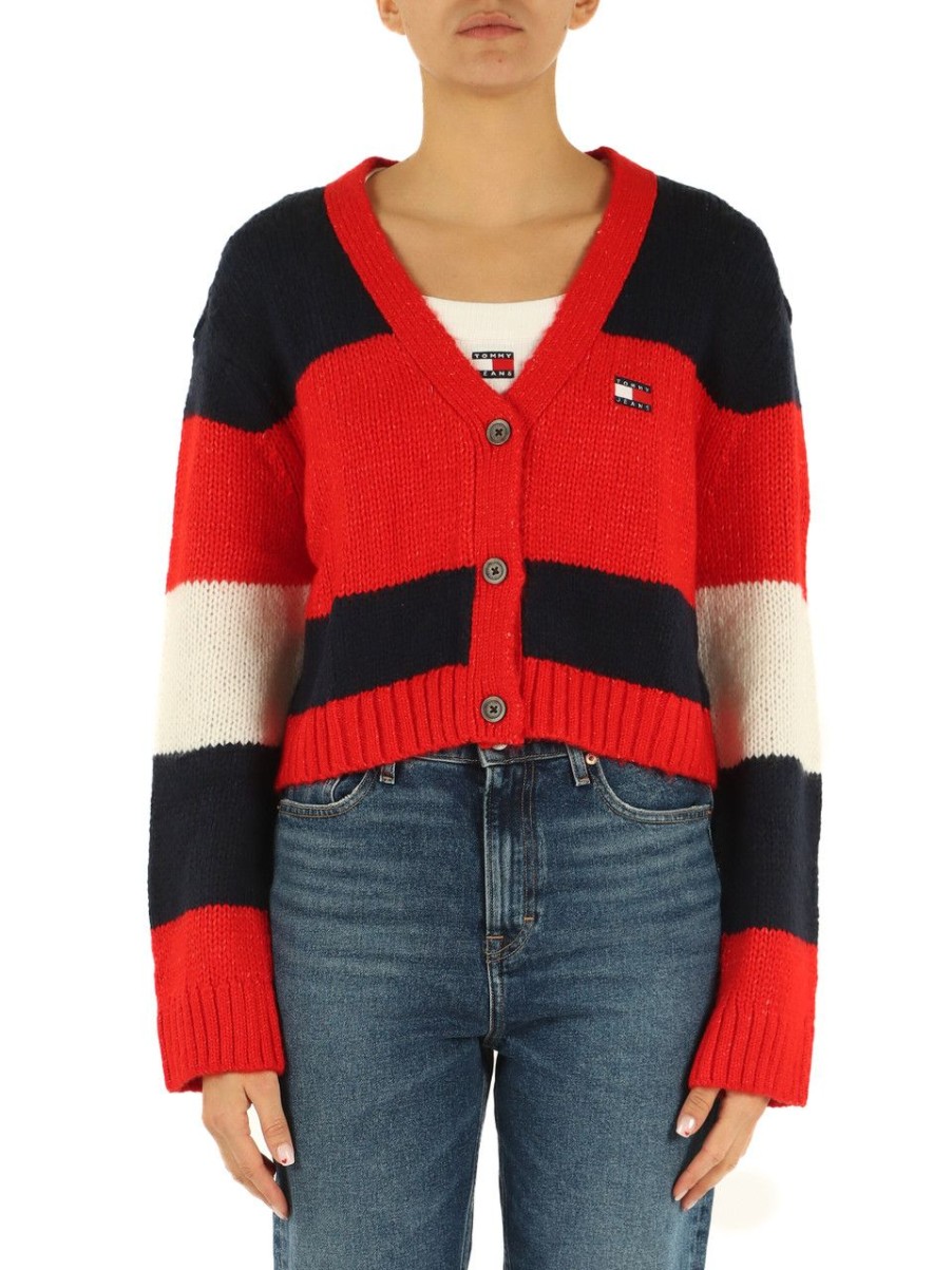 Donna TOMMY JEANS | Cardigan In Misto Lana Con Ricamo Logo Rosso