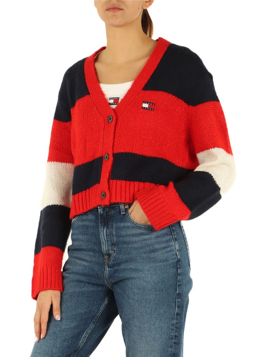 Donna TOMMY JEANS | Cardigan In Misto Lana Con Ricamo Logo Rosso