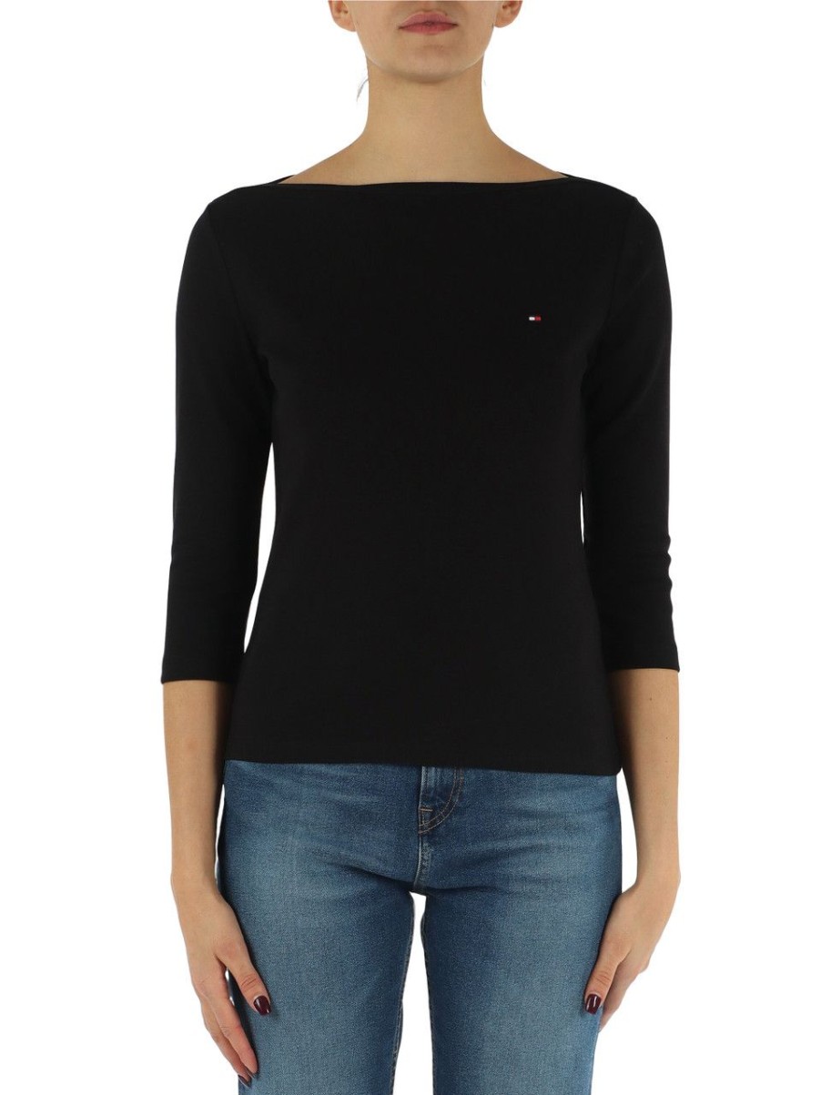 Donna TOMMY HILFIGER | T-Shirt In Cotone Con Maniche Tre Quarti Nero