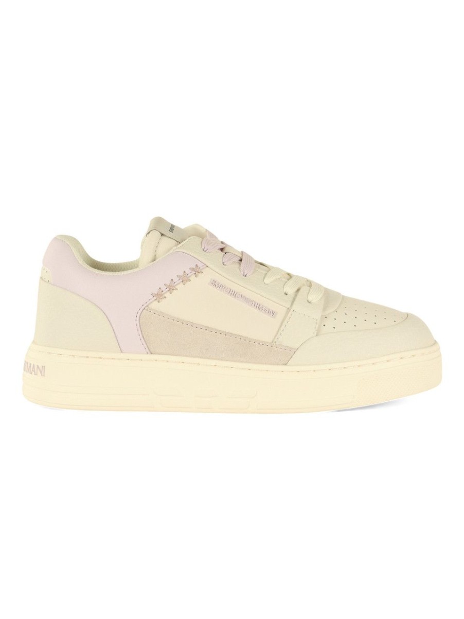 Donna EMPORIO ARMANI | Sneakers In Pelle Ed Ecopelle Con Scritta Logo Viola Chiaro