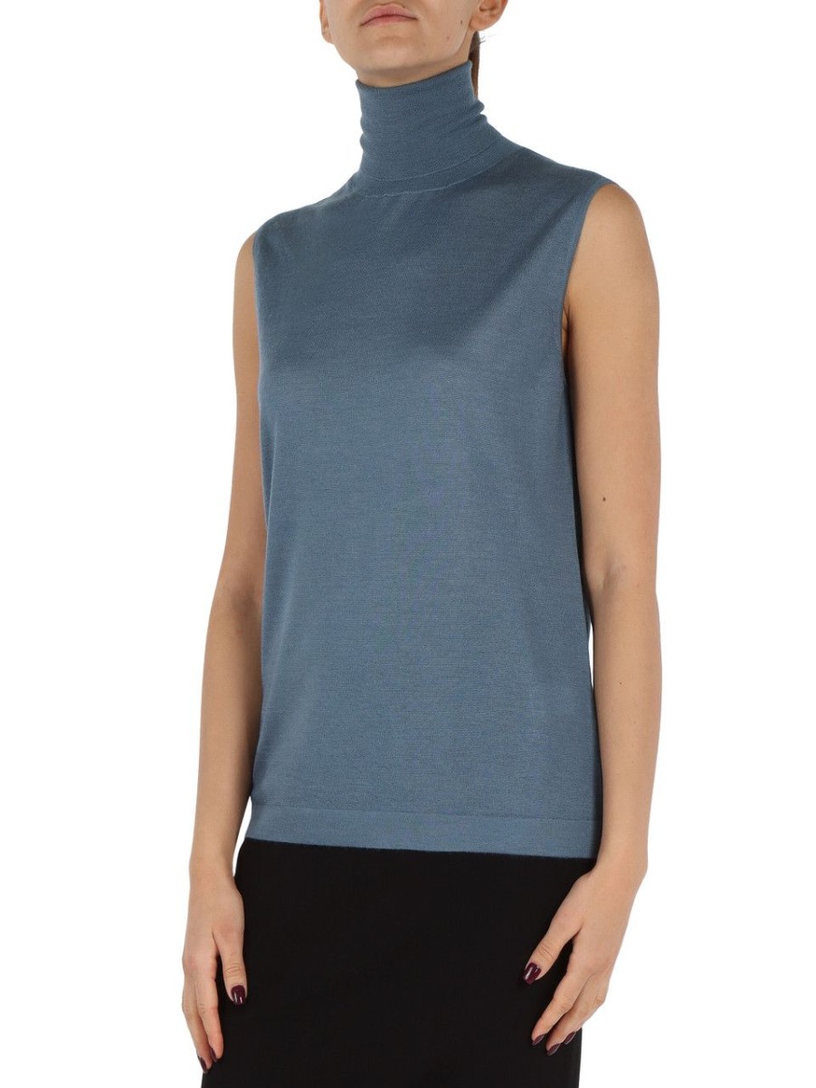 Donna FABIANA FILIPPI | Maglia Collo Alto Senza Maniche In Cashmere E Seta Blu Chiaro