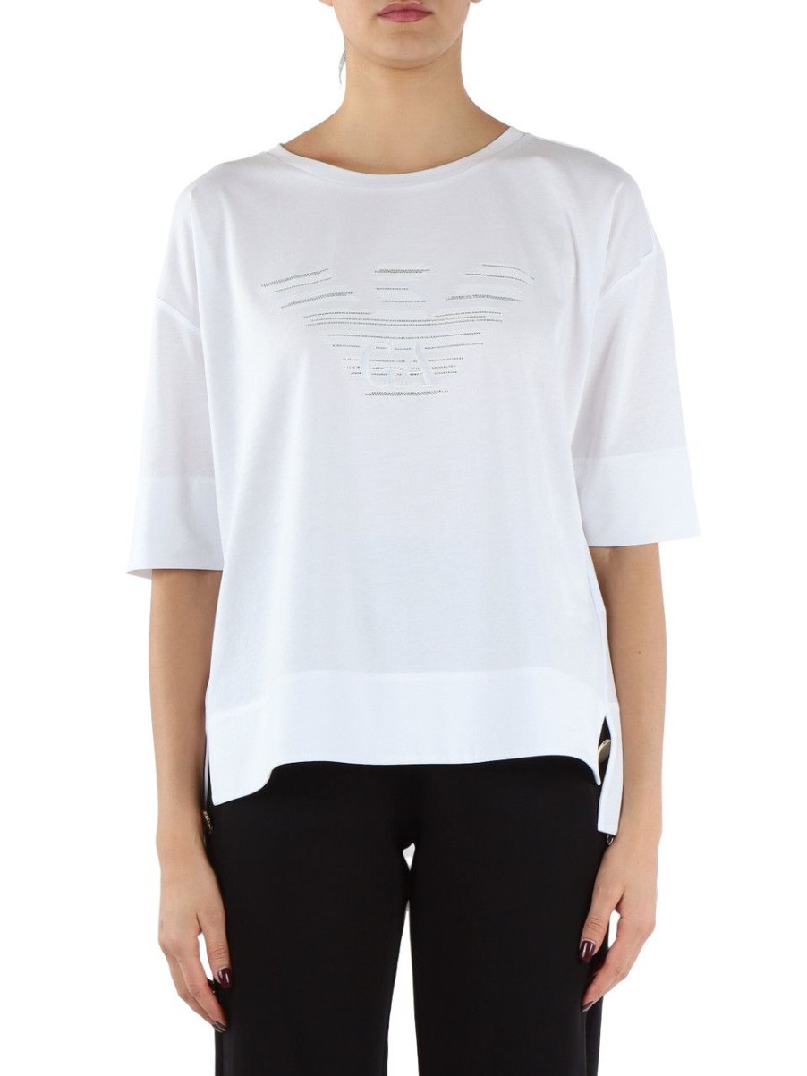 Donna EMPORIO ARMANI | T-Shirt Oversize In Cotone Con Ricamo Logo Bianco