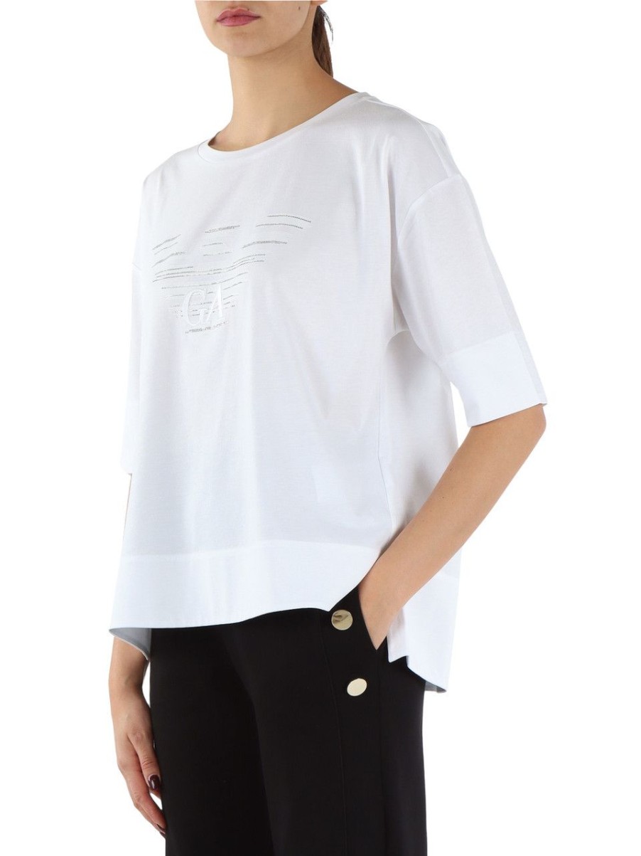 Donna EMPORIO ARMANI | T-Shirt Oversize In Cotone Con Ricamo Logo Bianco