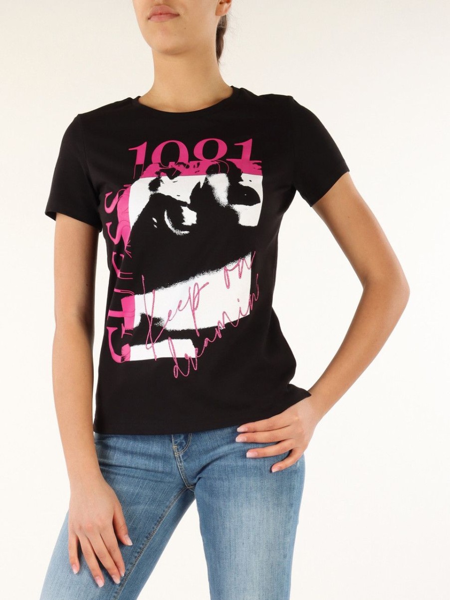 Donna GUESS | T-Shirt In Cotone Con Scritta Logo A Rilievo Nero