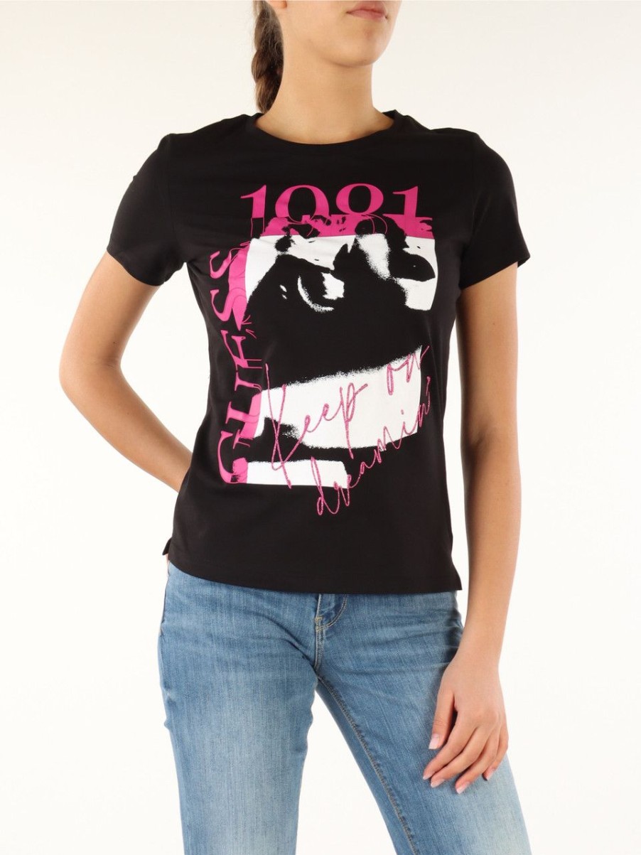 Donna GUESS | T-Shirt In Cotone Con Scritta Logo A Rilievo Nero