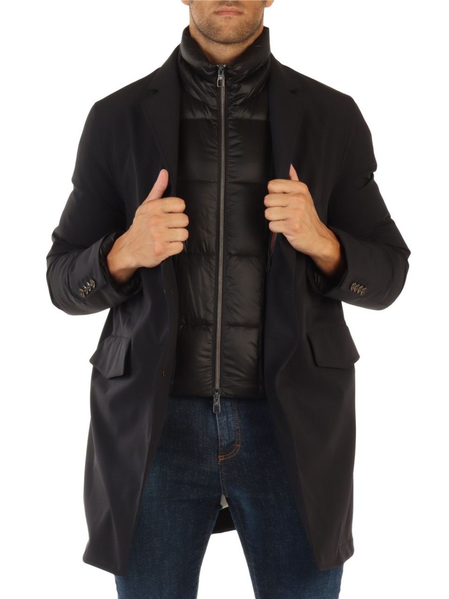 Uomo MONTECORE | Giaccone In Tessuto Stretch Waterproof Con Imbottitura In Piuma Nero