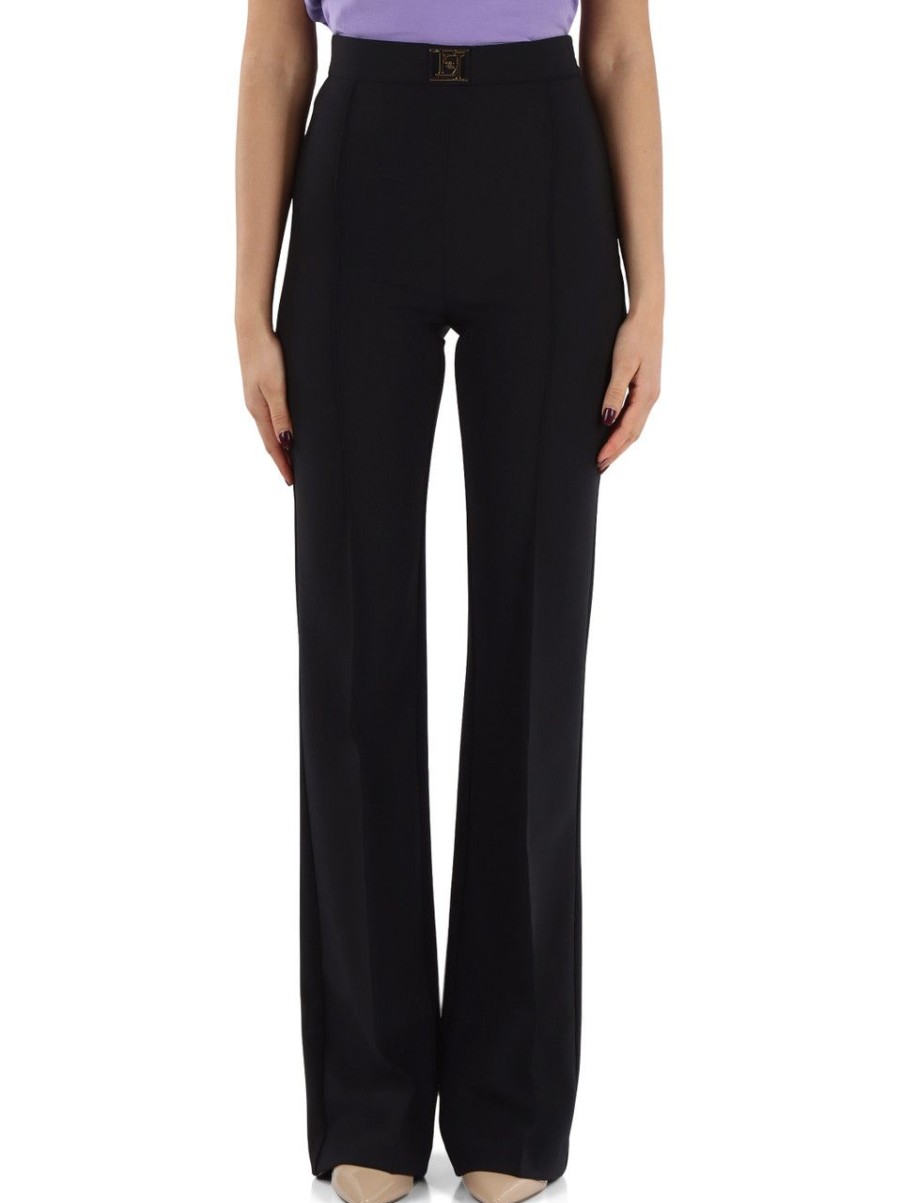 Donna ELISABETTA FRANCHI | Pantalone Palazzo In Crepe Stretch Con Placca Logo Nero