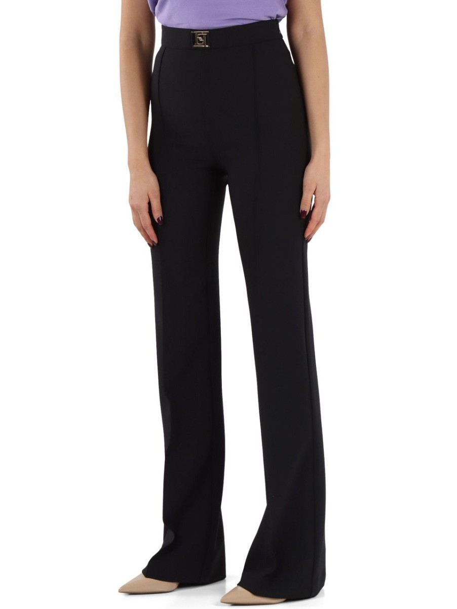 Donna ELISABETTA FRANCHI | Pantalone Palazzo In Crepe Stretch Con Placca Logo Nero