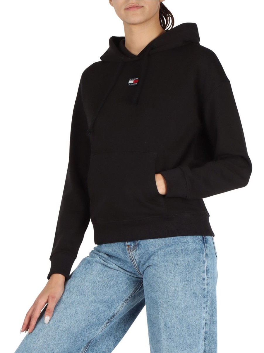 Donna TOMMY JEANS | Felpa Con Cappuccio In Cotone Garzato Nero