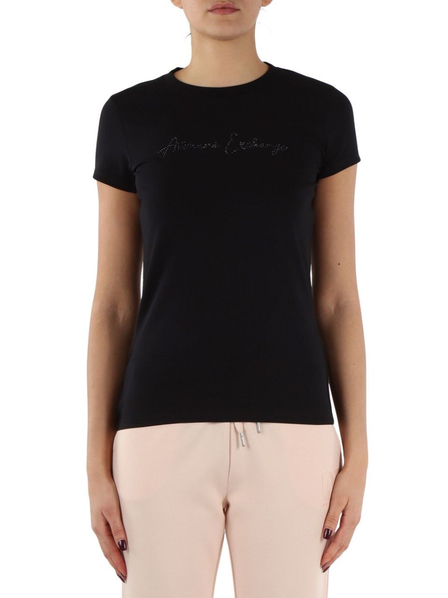 Donna ARMANI EXCHANGE | T-Shirt In Cotone Stretch Con Scritta Logo Frontale Nero