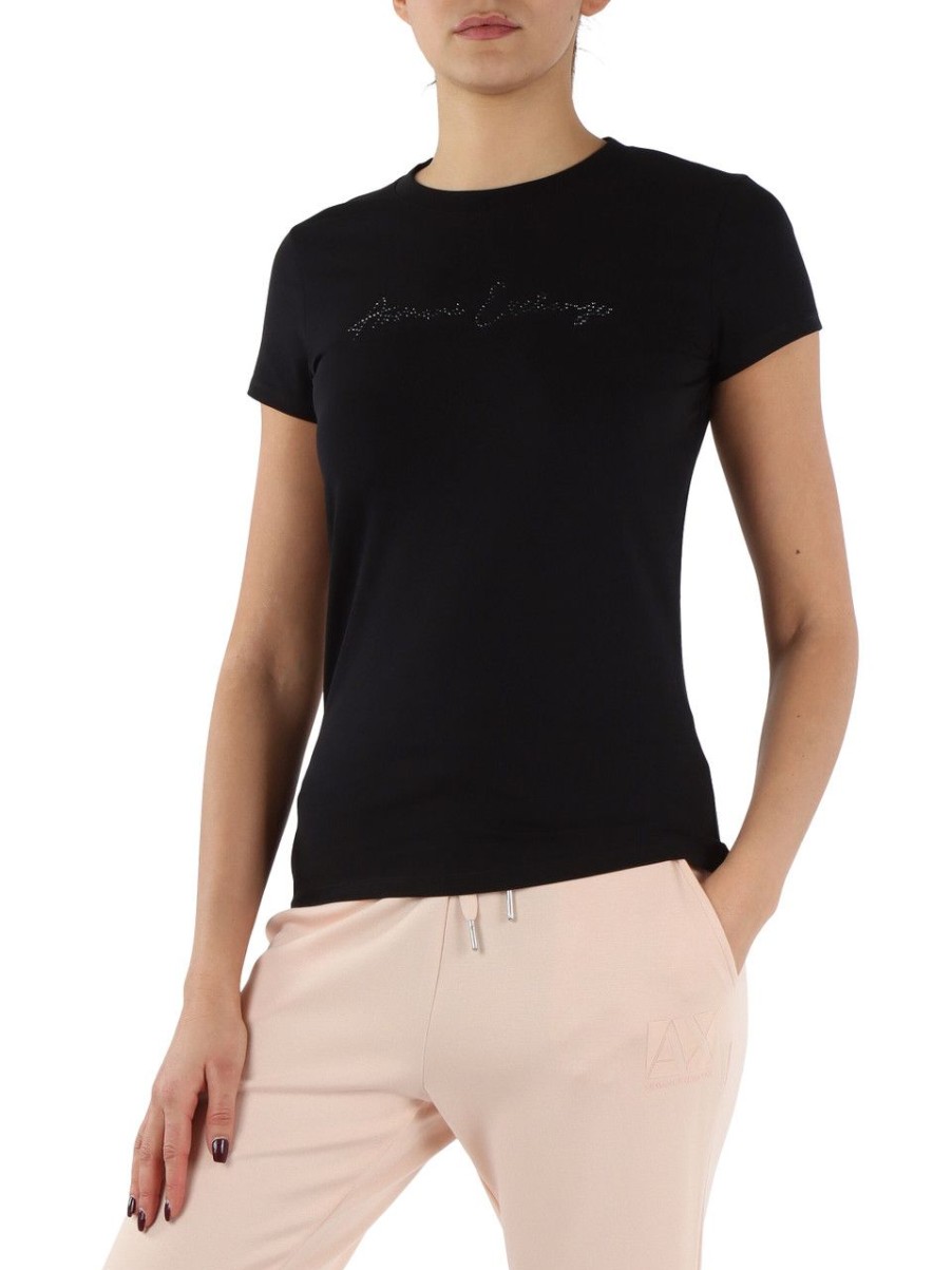 Donna ARMANI EXCHANGE | T-Shirt In Cotone Stretch Con Scritta Logo Frontale Nero