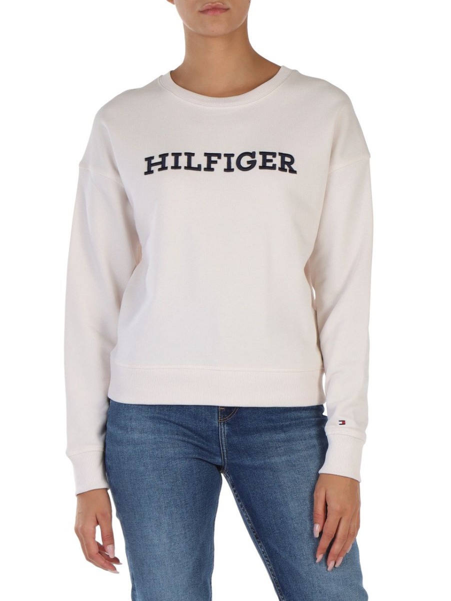 Donna TOMMY HILFIGER | Felpa In Cotone Garzato Con Ricamo Logo Frontale Panna