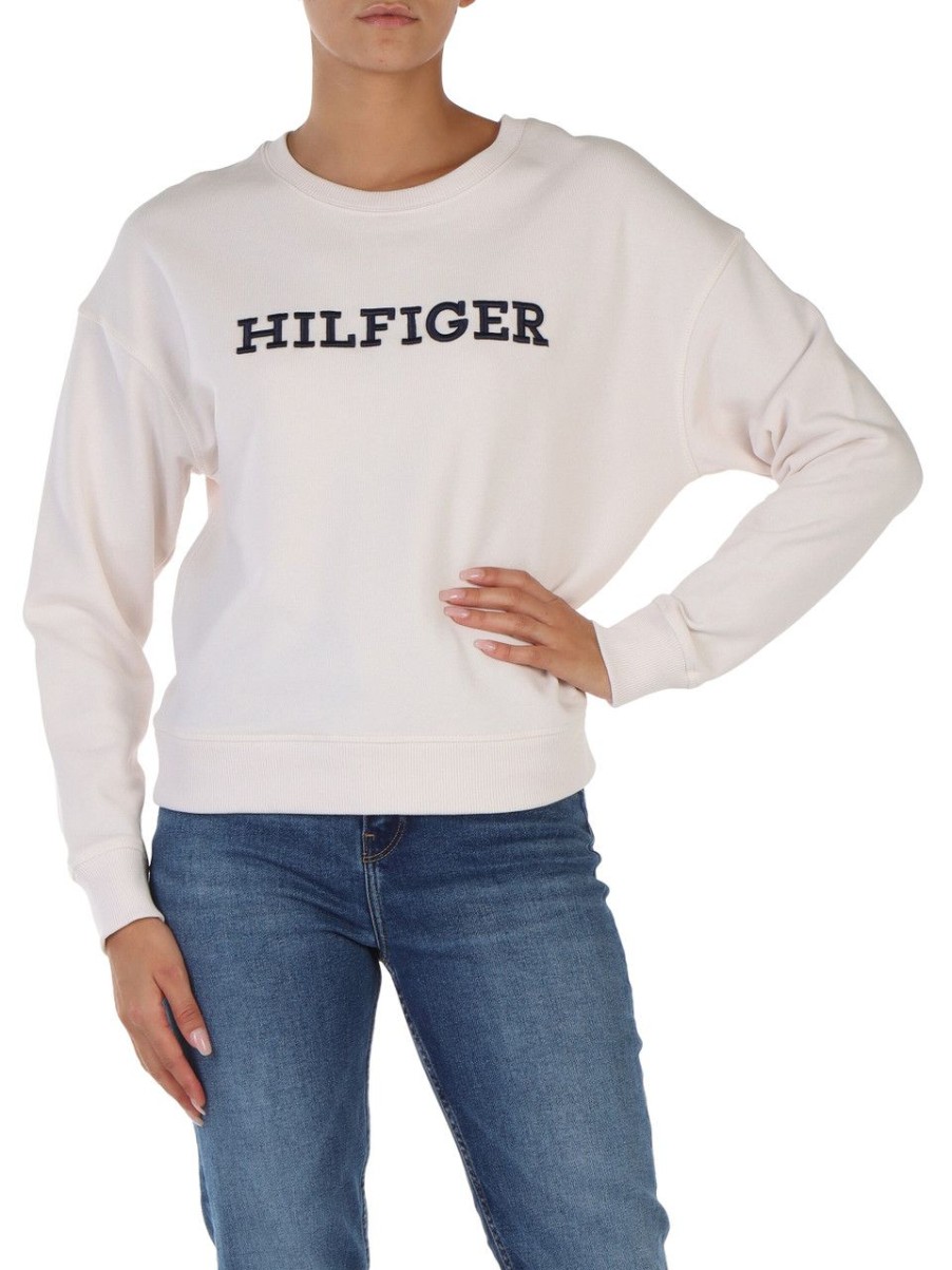 Donna TOMMY HILFIGER | Felpa In Cotone Garzato Con Ricamo Logo Frontale Panna