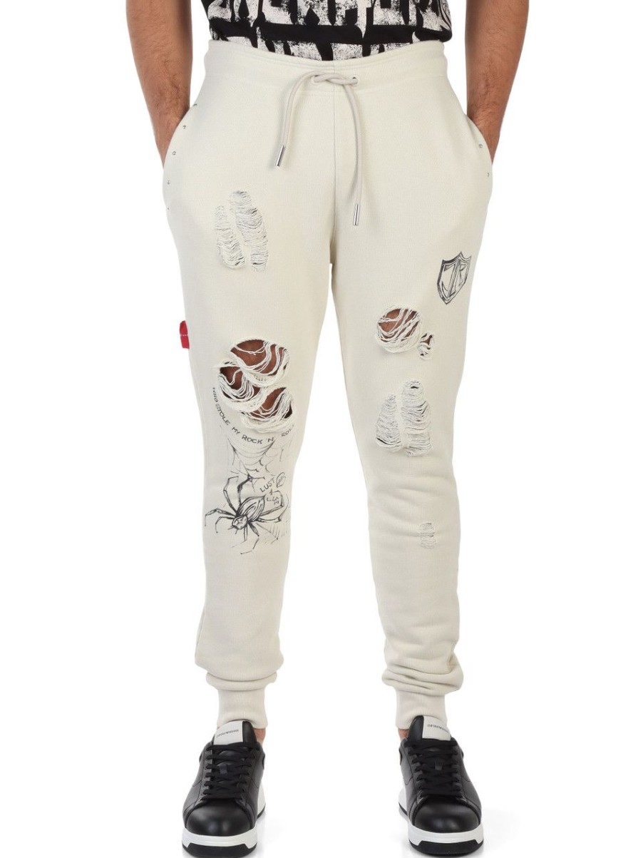 Uomo RICHMOND | Pantalone Sportivo In Cotone Con Aree Destroyed Beige