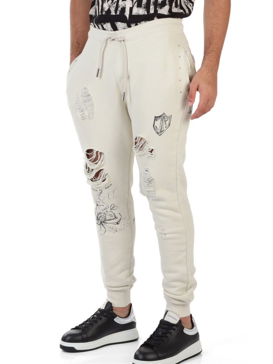 Uomo RICHMOND | Pantalone Sportivo In Cotone Con Aree Destroyed Beige