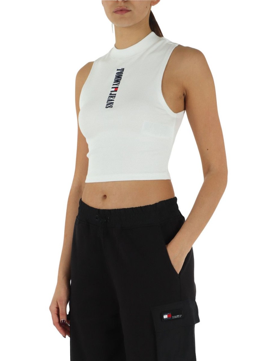 Donna TOMMY JEANS | Top A Costine In Cotone Stretch Con Ricamo Logo Bianco