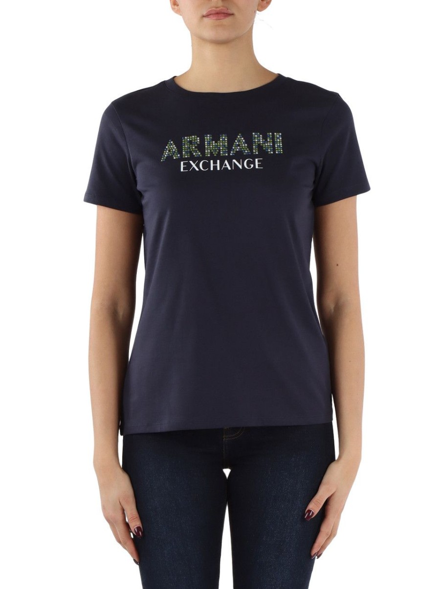 Donna ARMANI EXCHANGE | T-Shirt In Cotone Con Scritta Logo Frontale Blu Scuro